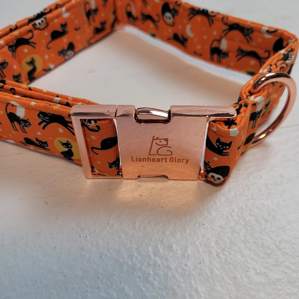 Lionheart Glory Orange Cat Print Dog Collar with Rose Gold Hardware